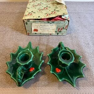 Vintage Set of 2 Lefton Christmas Holly Berry Candle Stick Holders #717 W/box